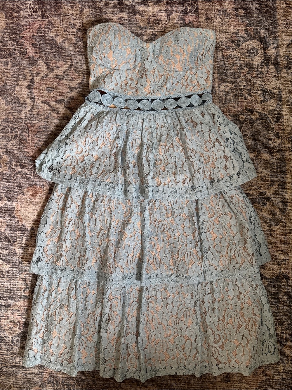 Lulu's Strapless Lace Tiered Dress in Light Blue